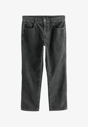 Schwarze Jeanshose im geraden Schnitt. Zu den Merkmalen gehören ein Reißverschluss, fünf Taschen und eine dezente Textur. Genähter Saum und Bund.