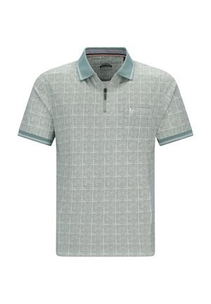 Hellgraues Poloshirt mit kurzen Ärmeln und Karomuster, Reißverschlussblende sowie Akzenten in Teal an Kragen und Ärmeln. Mit kleinem Logo auf der Brust.