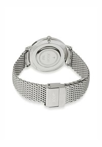 Armbanduhr aus Edelstahl mit einem polierten silbernen Gehäuse, runder Rückseite und einem Verschluss mit eingraviertem Markennamen.