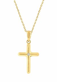 Kullast ristikujuline ripats, millel on poleeritud vorm ja väike keskel läbipaistev kivi, riputatud õhukese kettide külge.