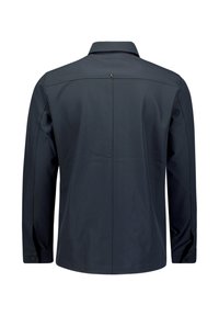 Donkerblauwe langemouwen shirt met een kraag, gladde stof, knoopaccenten op de mouwen en een kleine decoratieve knoop op de achterkant.