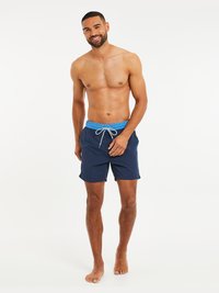 Marine zwemshorts met een elastische tailleband, blauwe trekkoord en naadloos ontwerp. De stof lijkt lichtgewicht en snel drogend te zijn.