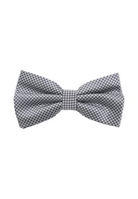 Bow tie in a navy and white houndstooth pattern, made of textured fabric. Features a central knot for secure fastening.