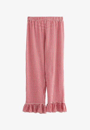 Rode en witte geruite broek met een gerimpelde zoom, voorzien van een elastische tailleband voor comfort en gemaakt van een luchtige, lichte stof.