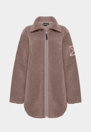 Fleece-Zip-Jacke in Hellbraun mit Kragen, langen Ärmeln, texturiertem Äußeren und einem geometrischen Patch am linken Ärmel.