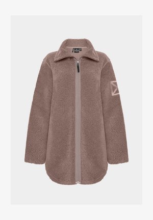 Fleece zip-up jacket in light brown with a collar, long sleeves, textured exterior, and a geometric patch on the left sleeve.