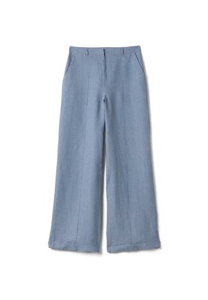 Light blue wide-leg trousers with front pockets, belt loops, and a tailored waistband, laid flat on a white background.
