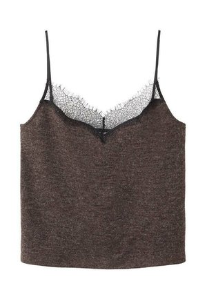 Rjava pletena majica s črnimi čipkastimi obrobami ob izrezu in naramnicah. Ima ohlapen kroj in mehko teksturo, primerna za plastenje.