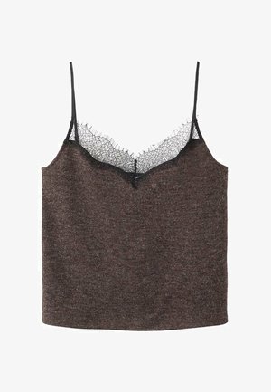 Rjava pletena majica s črnimi čipkastimi obrobami ob izrezu in naramnicah. Ima ohlapen kroj in mehko teksturo, primerna za plastenje.