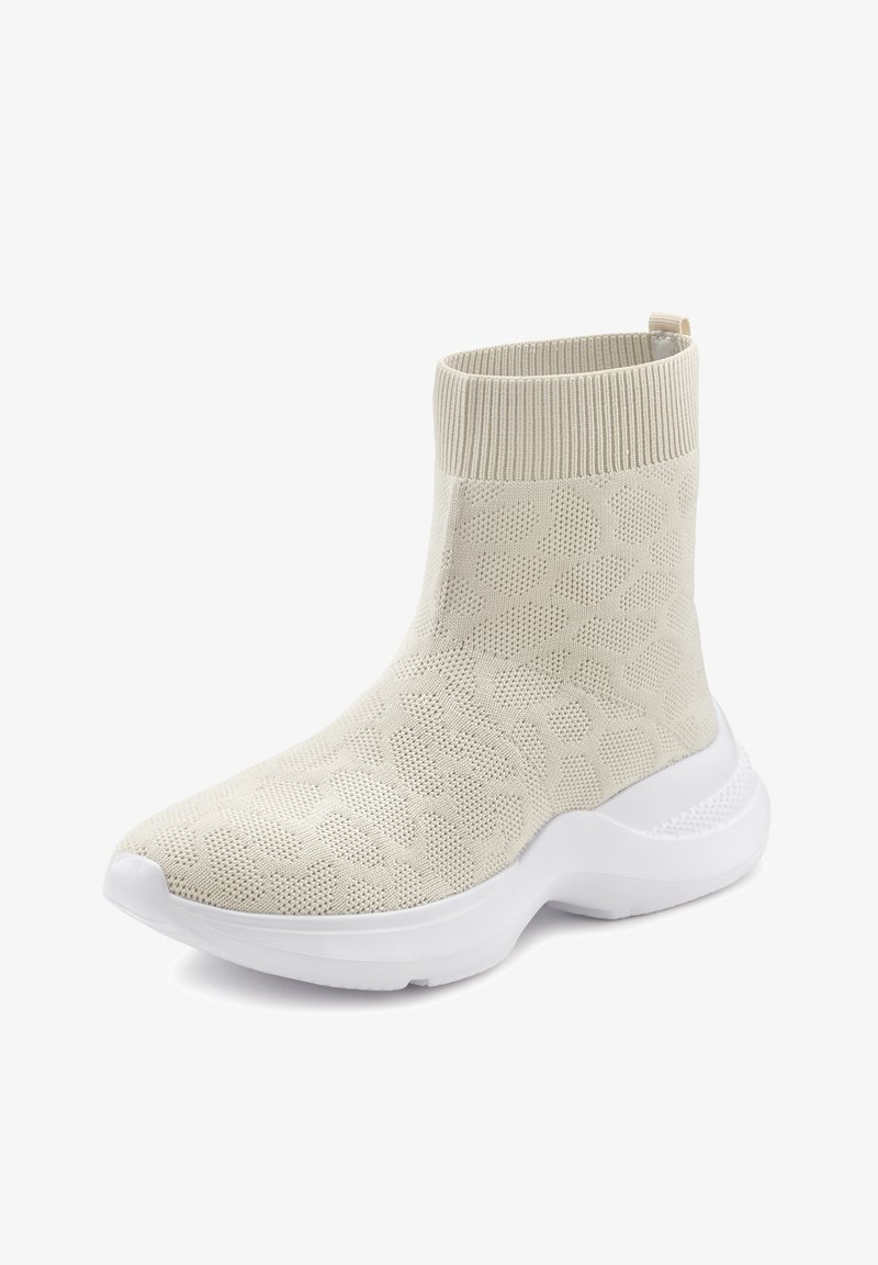 Beige Strick-Stiefelette mit einem strukturierten Leopardenmuster, einem weichen Schaft und einer weißen Gummisohle, mit einer runden Zehenform und einem eleganten Design.