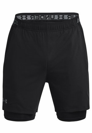 Sorte atletikshorts til mænd med indbygget kompressionslag og elastisk taljebånd med Under Armour-logo.