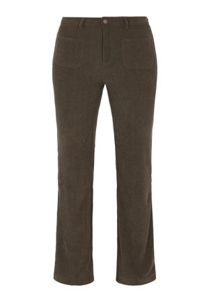 Corduroy broek in een donker olijfgroen, met een recht model, een voorknoopsluiting en twee achterzakken met ribbeltextuur.