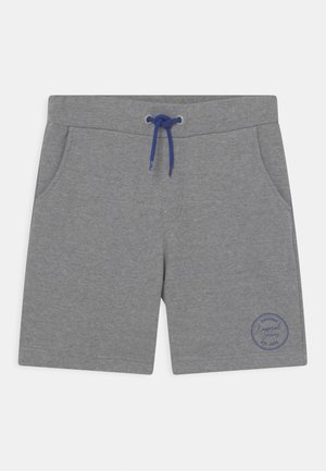 Shorts en coton gris avec cordon de serrage bleu, poches latérales et un logo décoratif bleu imprimé sur le bas à droite.