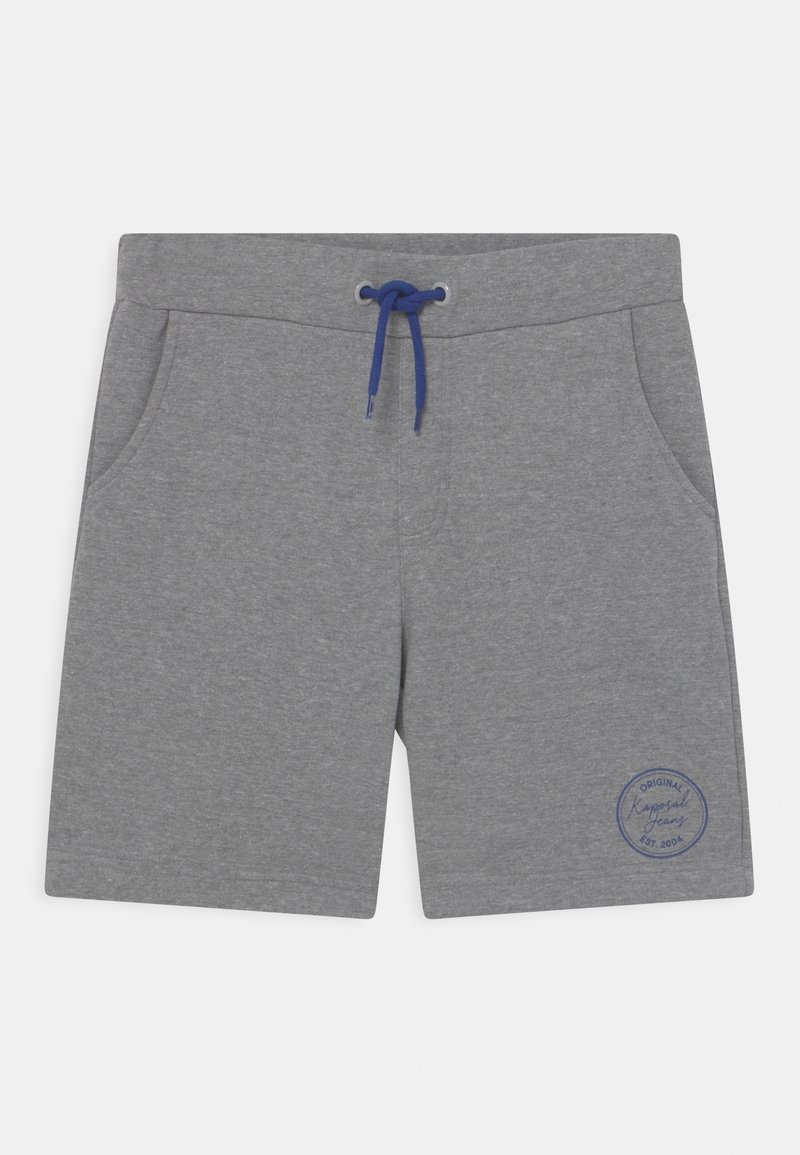 Shorts en coton gris avec cordon de serrage bleu, poches latérales et un logo décoratif bleu imprimé sur le bas à droite.