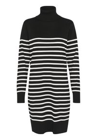 Black turtleneck dress featuring horizontal white stripes, long sleeves, ribbed cuffs and hem, and a relaxed fit.