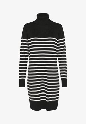 Robe col roulé noire avec des rayures blanches horizontales, manches longues, finitions côtelées aux poignets et à l'ourlet, et coupe décontractée.