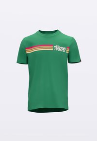 Žalia trumpomis rankovėmis marškinėliai iš lygaus audinio, su horizontaliais raudonos, geltonos ir rožinės spalvų dryžiais ir „ellesse SPORT“ logotipu.
