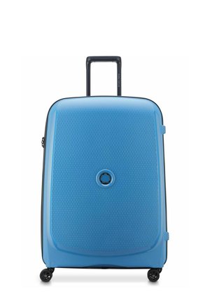 Hard-shell suitcase in bright blue with a textured surface, black accent frame, telescoping handle, and four wheels for mobility.