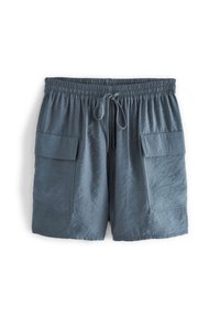 Leichte, blaue Shorts mit einem elastischen Bund und Kordelzug. Verfügt über zwei Seitentaschen und einen glatten, leicht strukturierten Stoff.