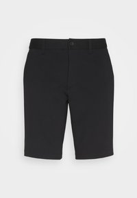 Sorte shorts laget av et glatt stoff. Har knapp- og glidelåslukking, beltehemper og en rett passform med brettede sømmer.