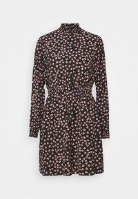 Abito nero con maniche lunghe e colletto alto; presenta un motivo floreale in rosa. Vita elastica con texture arricciata; design di lunghezza ginocchio.