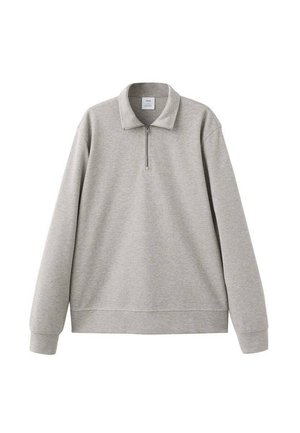 Lichtgrijze trui met lange mouwen, ritssluiting tot een kwart en kraag, gemaakt van zachte katoenen stof, casual en comfortabele stijl.