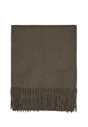 Sciarpa in lana verde oliva scuro con una texture morbida, caratterizzata da bordi frangiati per un tocco di dettaglio. Forma rettangolare, superficie uniforme.
