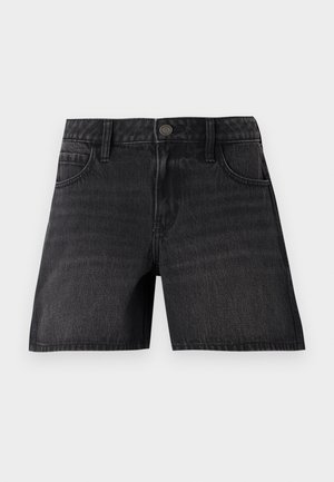 Black denim shorts with a classic cut, featuring five pockets, a button closure, and subtle fading in the fabric texture.