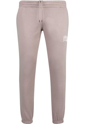 Hellbeige Sweatpants aus weichem Stoff, mit elastischem Bund und Kordelzug, gerippten Knöcheln und einem kleinen weißen Logodruck.