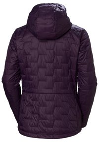 Fialová nafukovací bunda s prošívaným designem, kapucí a lehkým, lesklým materiálem. Obsahuje elastické manžety a přiléhavý střih.