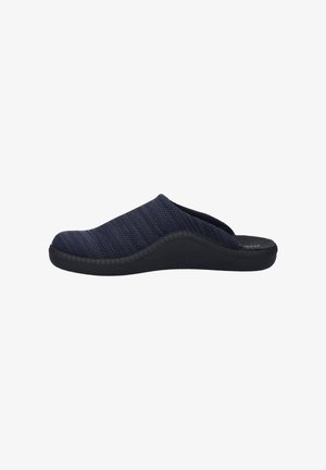 Navy slip-on shoe with woven textile upper, curved black outsole, and a textured finish. Features a low profile design and no fastening.