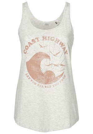 Jasnoszary top bez rękawów z wyblakłą brzoskwiniową grafiką przedstawiającą falę, trzy ptaki oraz tekst "Coast Highway, Let the sea set you free."