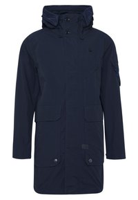 Marinblå hooded jacka med en dragkedja, knäppte framfickor och kontrasterande sömmar. Tillverkad av ett slitstarkt, lätt material.