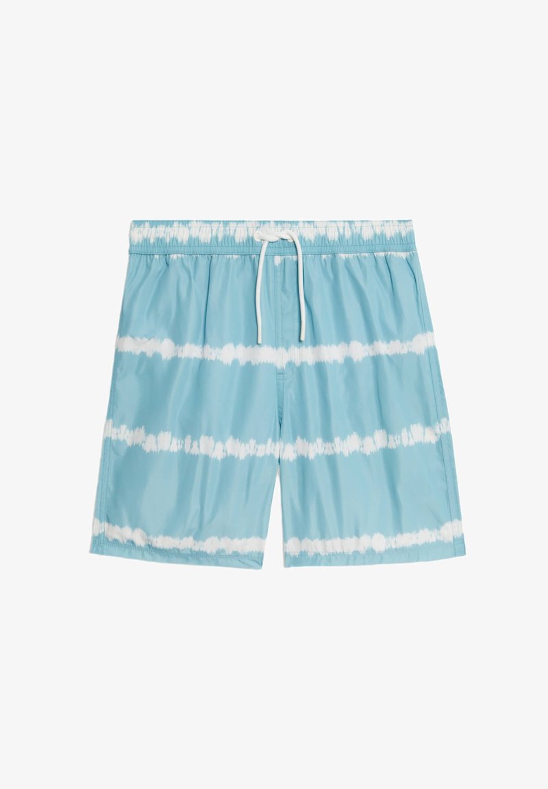Shorts de bain bleu clair avec un motif tie-dye comportant des rayures blanches horizontales, taille élastique et cordon de serrage pour un ajustement réglable.