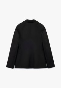 Sort skræddersyet blazer med en glat tekstur, enkelt krave, strømlinet design, lange ærmer og rene linjer. Bagsiden har lodrette sømme.