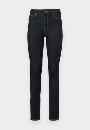 Mørkeblå skinny jeans laget av denim, med klassisk fem-lomme-design, gullfargede stingdetaljer og knappeåpning i midjen.