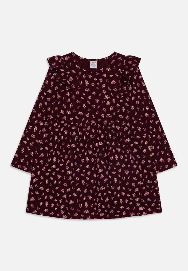 Robe longue à manches longues violet foncé avec imprimé floral rose, détails froncés aux épaules et taille froncée pour enfants.