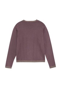 Lila gestrickter Pullover mit einem strukturierten Design auf der Rückseite, kontrastierendem geripptem Halsausschnitt und Bündchen. Kurz, lockere Passform.