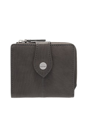 Compact gray leather wallet with a zipper closure, featuring a subtle grain texture, silver hardware, and a central logo detail.