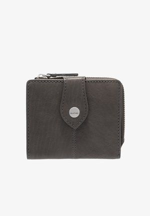 Compact gray leather wallet with a zipper closure, featuring a subtle grain texture, silver hardware, and a central logo detail.