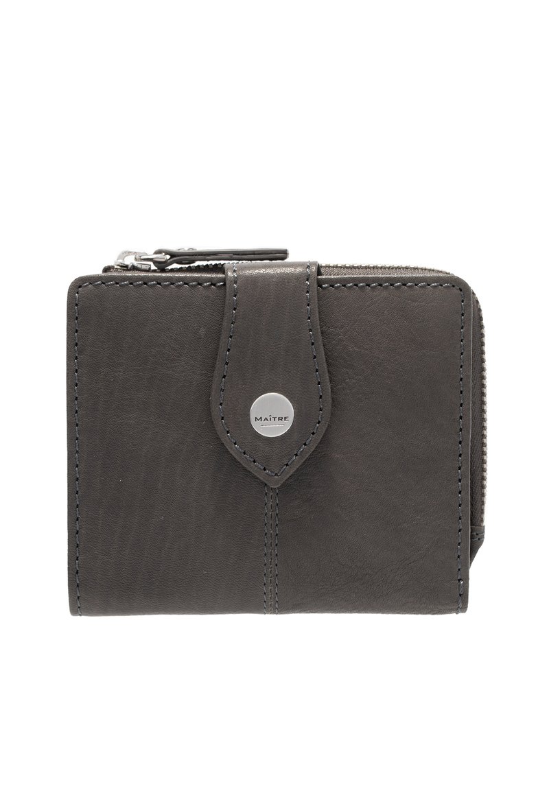 Portafoglio in pelle grigia compatto con chiusura zip, caratterizzato da una leggera texture grain, hardware in argento e un dettaglio con logo centrale.