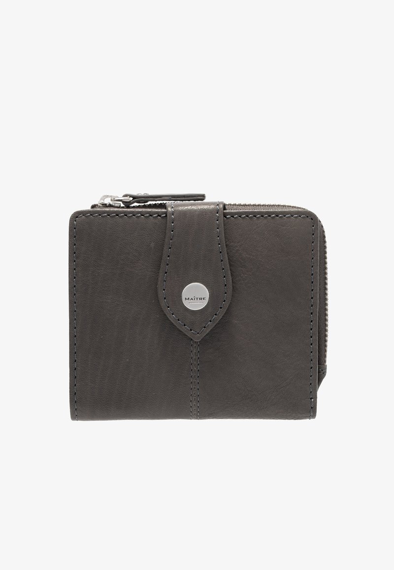 Portefeuille gris en cuir compact avec fermeture éclair, arborant une texture grainée subtile, des éléments en métal argenté et un logo central.