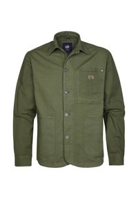 Green cotton jacket with a button-up front, spread collar, two front pockets, and a small patch label on the chest pocket.