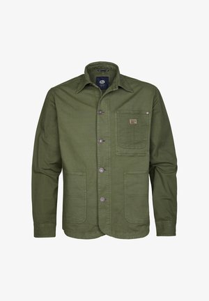 Grüne Baumwolljacke mit durchgehendem Knopfverschluss, Schalkragen, zwei Vorderaschen und einem kleinen Patches auf der Brusttasche.