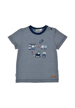 Navy and white striped toddler shirt with short sleeves, featuring embroidered vehicles, traffic signs, and "on the road" label.