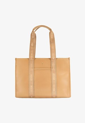 Brązowa torba tote ze skóry z dwoma długimi, markowymi uchwytami z tkaniny oraz małą przednią kieszonką.