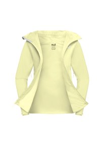 Hellgelbe Softshell-Jacke mit Kapuze, offenem Vorderteil, langen Ärmeln und sichtbarem Markenlogo auf der Brust.