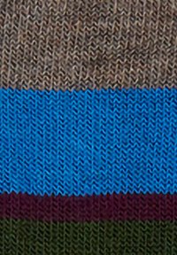 Tessuto lavorato a maglia multicolore con righe orizzontali: marrone scuro, blu brillante, bordeaux e verde scuro. Aspetto testurizzato e morbido.