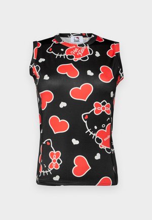 Top sin mangas negro con un colorido patrón de caras de Hello Kitty y corazones rojos. Hecho de una tela suave con un escote redondo.