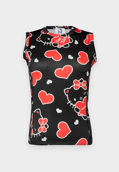 Black sleeveless top featuring a colorful pattern of Hello Kitty faces and red hearts. Made of smooth fabric with a round neckline.